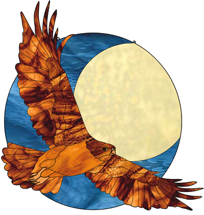 Midnight hawk, bird, eagle, flying moon stained glass pattern